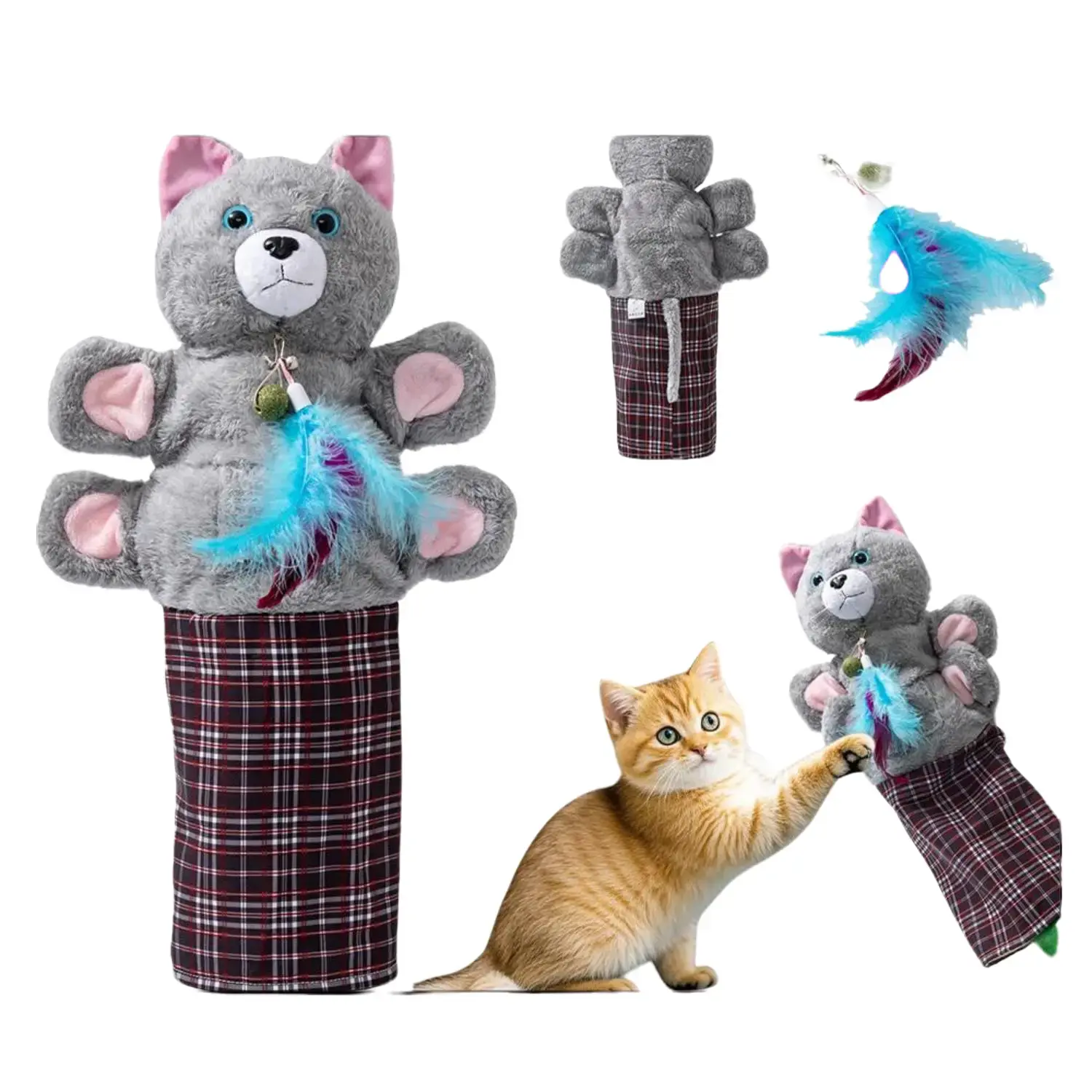 SOFTPAW Grey Cat Hand Puppet Glove Toy - 20-in Polypropylene Anti-Scratch Reinforced Soft Plush Glove for Pet Lovers, Detachable Interactive Kitten Wand with Feather Bell & Catnip Ball, Universal Indoor Toy to Protect Hands, Exercise & Relieve Boredom