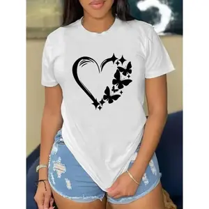 Women's Chic Red T-Shirt with Love & Butterfly Heart Design - Casual Crew Neck, Short Sleeve Top, Perfect for Spring & Summer, Stretchy Polyester Blend, Machine Washable