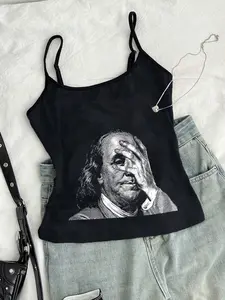 Women's Fitted Cami Tank Top with Face Cover Pattern, Adjustable Straps for Sexy Casual Style, Perfect for All Seasons