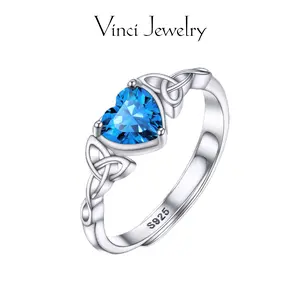 925 Sterling Silver Celtic/Claddagh Ring for Women, Adjustable Open Ring, Blue Heart Cubic Zirconia Hypoallergenic Celtic Silver Ring, Promise Ring Best Birthday Gift for Her