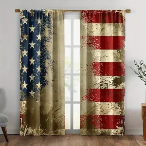 2pcs American Flag Design Home Decoration Curtains - 100% Polyester Material Machine Washable Rod Pocket Window Drapes for Bedroom, Living Room, Kitchen, Balcony - Patriotic Home Decor  Contemporary Style, Soft Texture, Decorative Panels, Gift ，rodless
