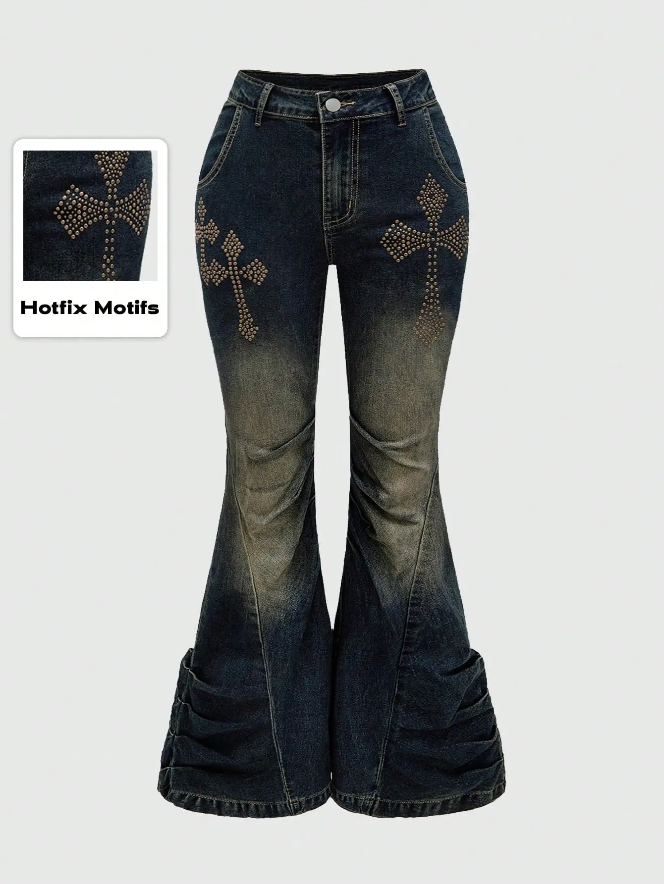 Women's Plus Size Flared Denim Pants - Streetwear Bottoms with Rhinestone Accents, Belt Detail, Gradient Color, Zipper-Button Pocket, Medium Stretch, Grunge Punk Distressed Washed, Cross-Studded Avant-Garde Style, Jeans, Flared Jeans, Bedazzled Jeans, Alt