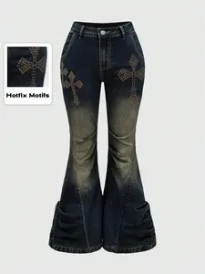 Plus Size Flare Leg Denim Jeans with Rhinestone Accents & Belt Detail Gradient Color Zipper Button Pocket Medium Stretch Grunge Punk Distressed Washed Cross-studded Avant-garde Style