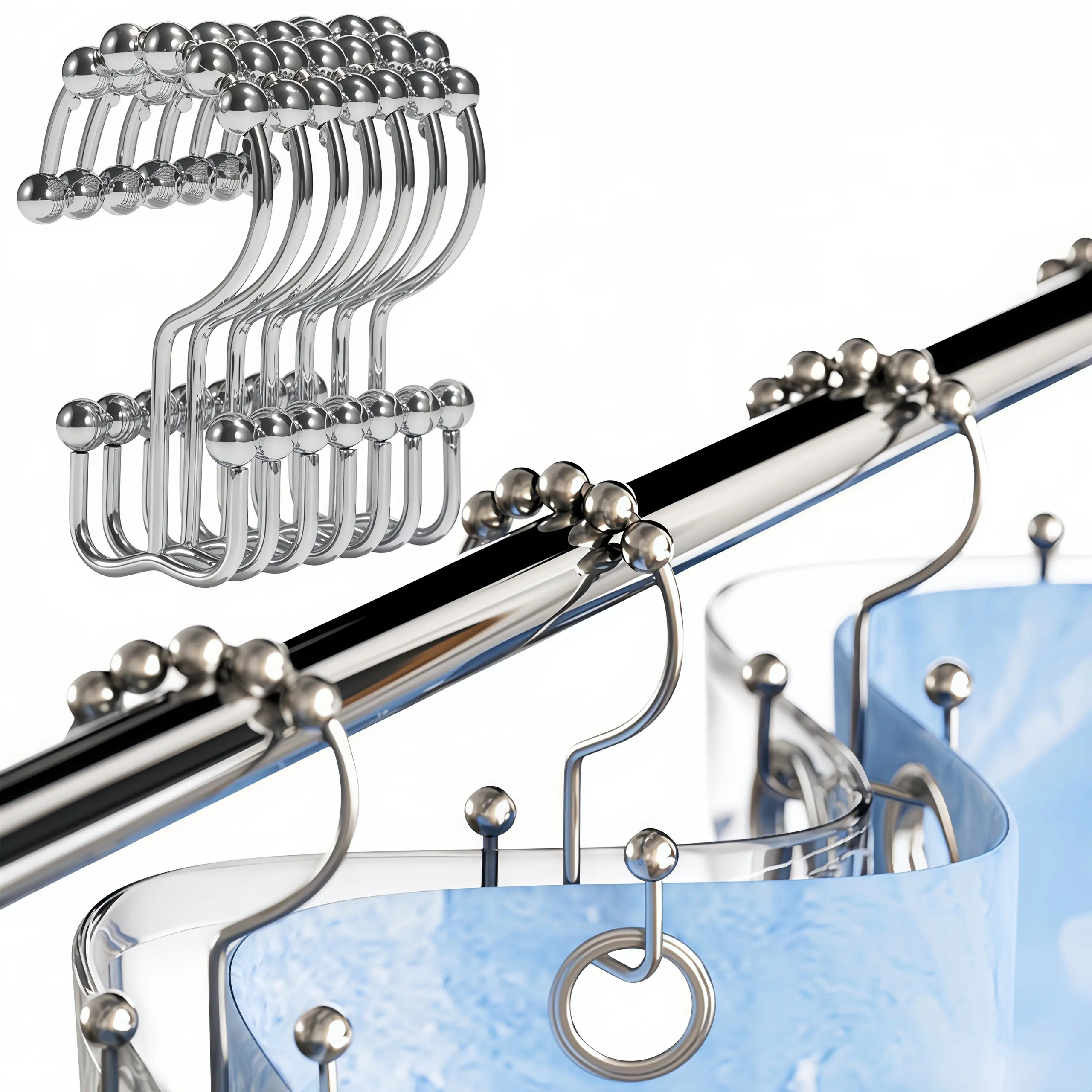 LMMAKE 12PCS Retro Polished Metal 304 Stainless Steel Shower Curtain Hooks, Ball Ends, Double Glide Rings for Smooth Movement, Standard Fit Indoor/Outdoor, Ideal for Bathroom Renovations, Home Maintenance, Double Glides