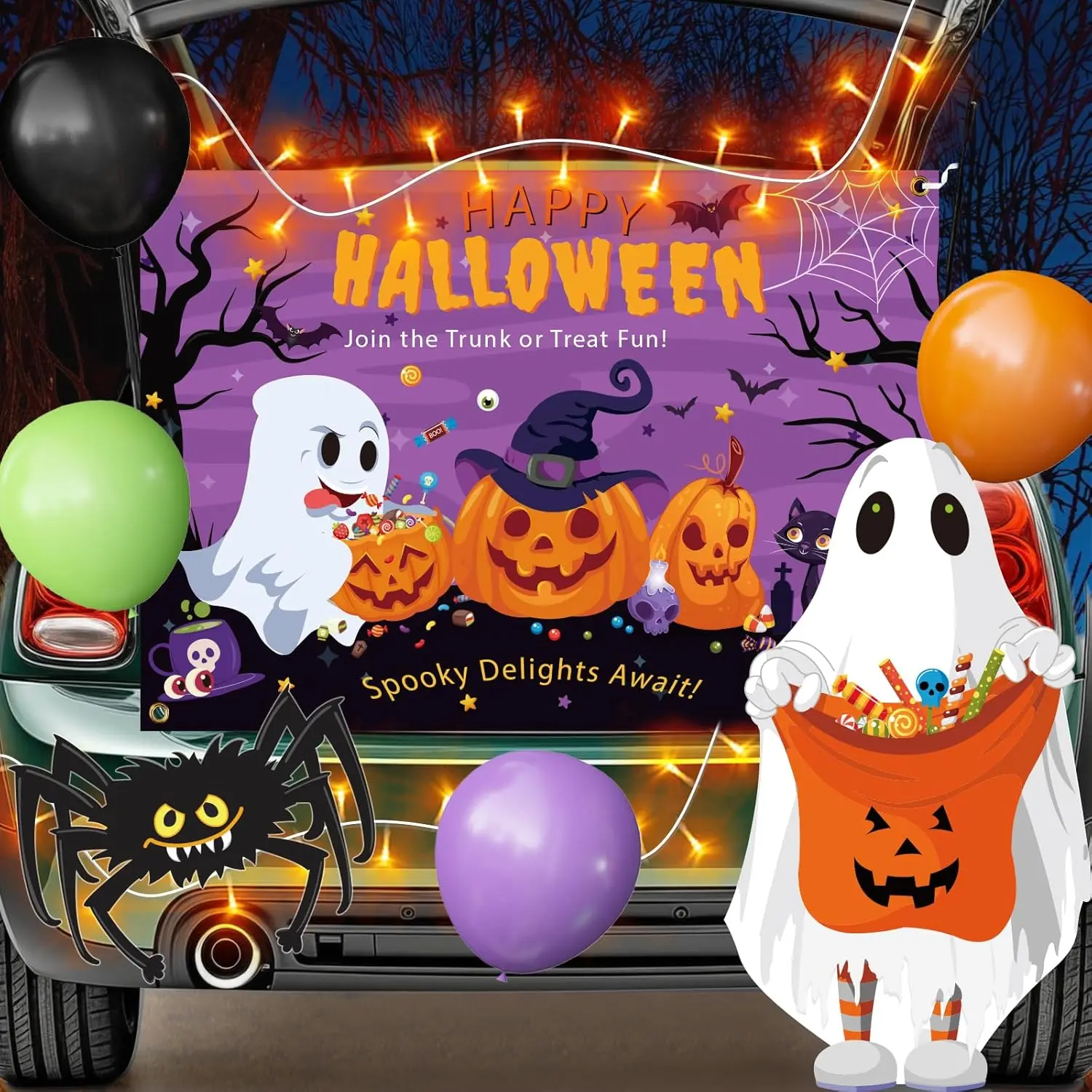 Halloween Trunk or Treat Car Decorations Kit for Suv, 36Pcs Happy Halloween Car Decorations with Lighted Backdrop Cute Ghost Spider Cutouts Balloons for Archway Garage Haloween Party Decor