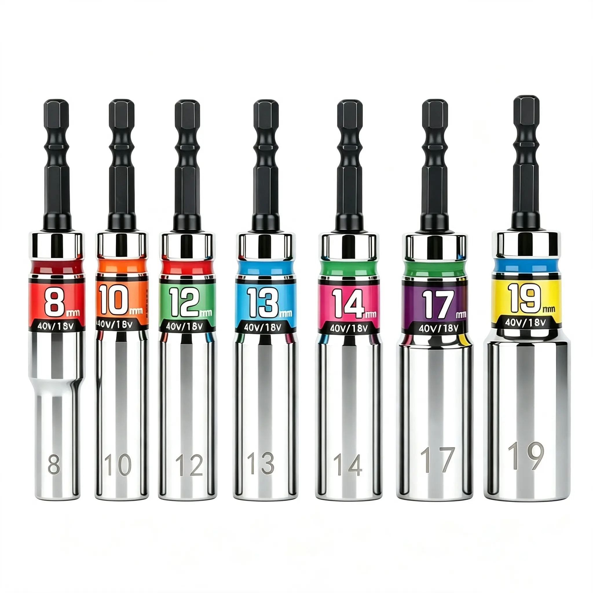 7PCS Impact Socket Set, 15-Degree Angle Hex Shank Driver, 8-19mm Deep Nut Driver, Alloy Steel 97mm Length, Color Ring, 12-Point Grip for Dismantling Nuts