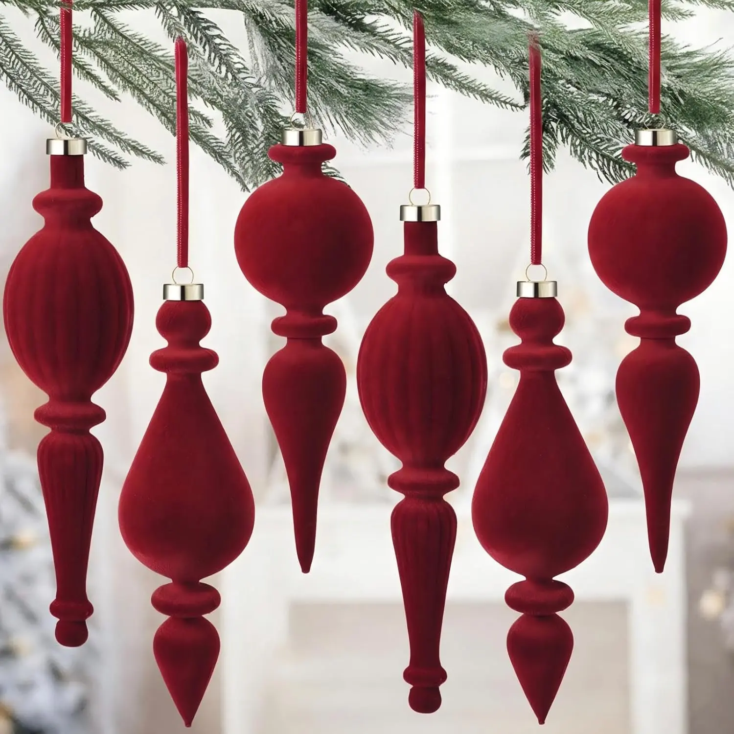 Plastic Velvet Finial Ornaments with Velvet Softness, Flocked Christmas Tree Hanging Decorations, Burgundy Festive Supplies for Holiday Home Party Decor