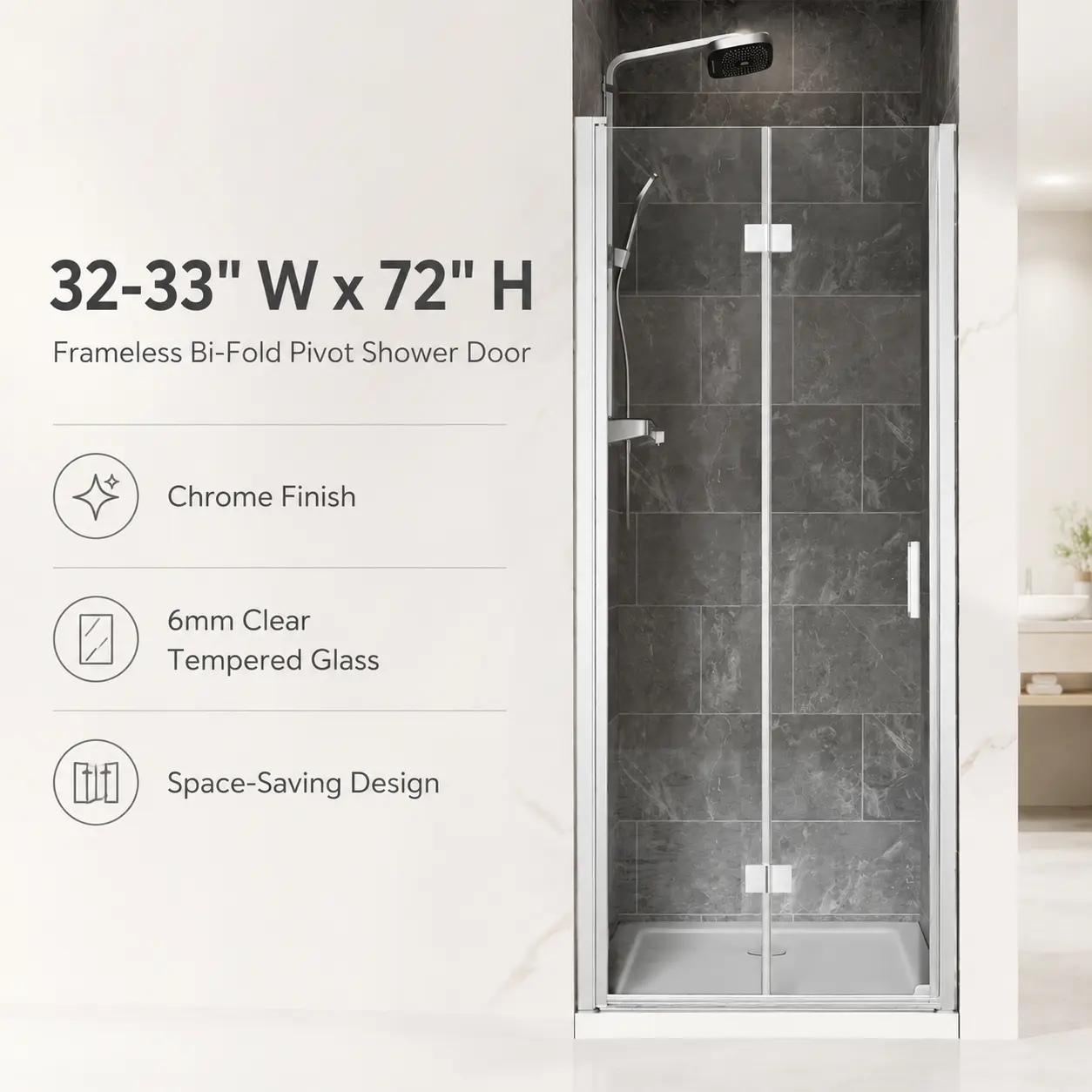 32-33" W x 72" H Frameless Bi-Fold Pivot Shower Door, 6mm Clear Tempered Glass, Chrome Finish, Reversible Folding Shower Door