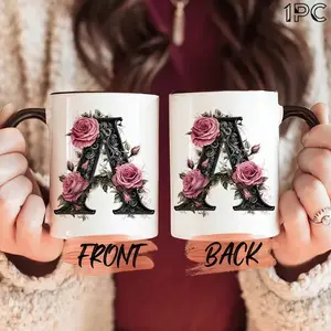 1pc Black Letter Floral A-Z Print Coffee Mug, Pink Floral, Alphabet Floral Coffee Mug for Office and Home, Alphabet Ceramic Coffee Mug, Women'S Birthday Gift, Mom, Best Friend, Bride, Bridesmaid Gift, Mother'S Day, Father'S Day Gift, White Tea Cup,11oz