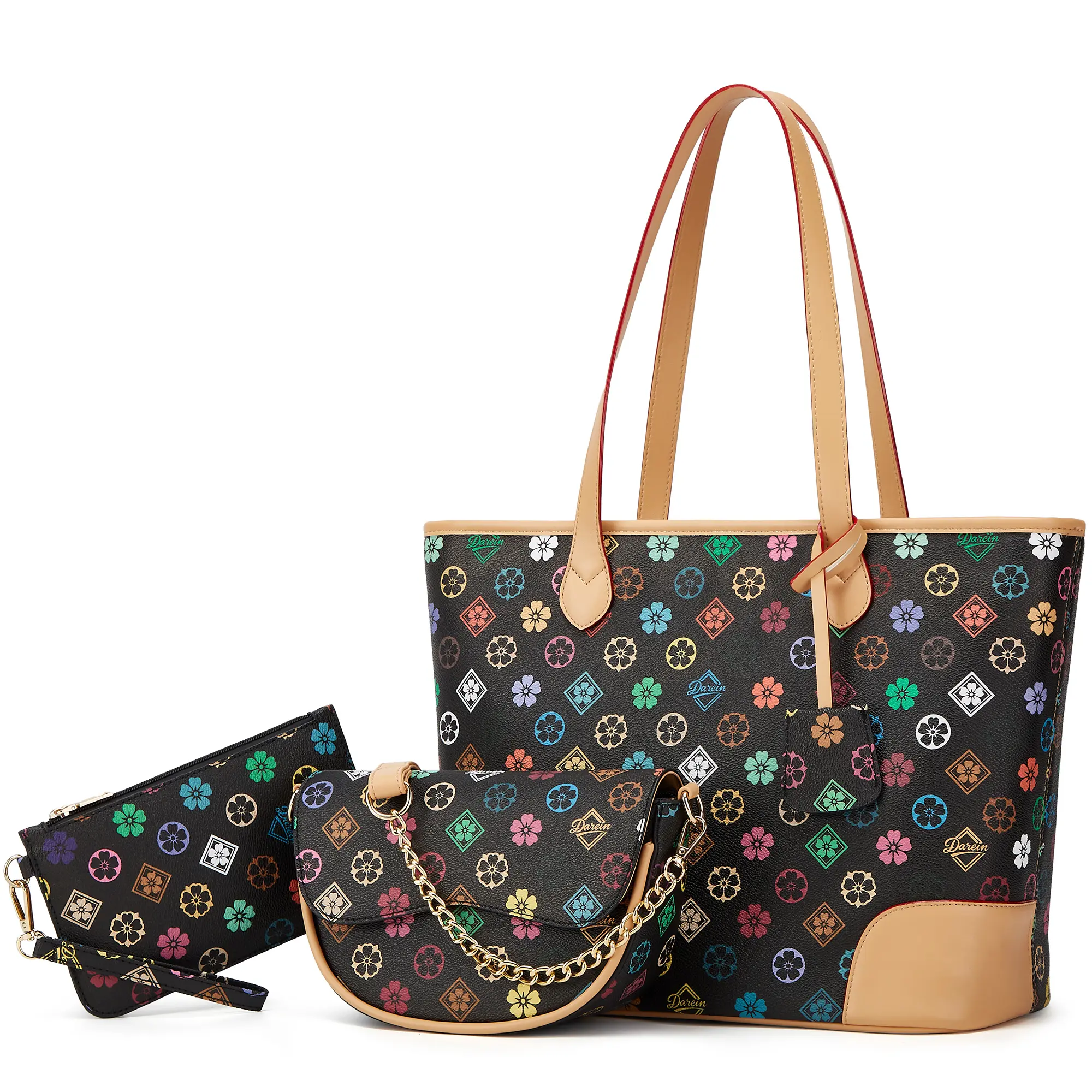 Women's Lightweight Leather Multi-Functional Floral Bag - 3-Piece Set with Compartments, Shoulder Handbag for Travel, Work, Multi Functional Bag summerwins, Casual Office Handbag, Everyday Bag