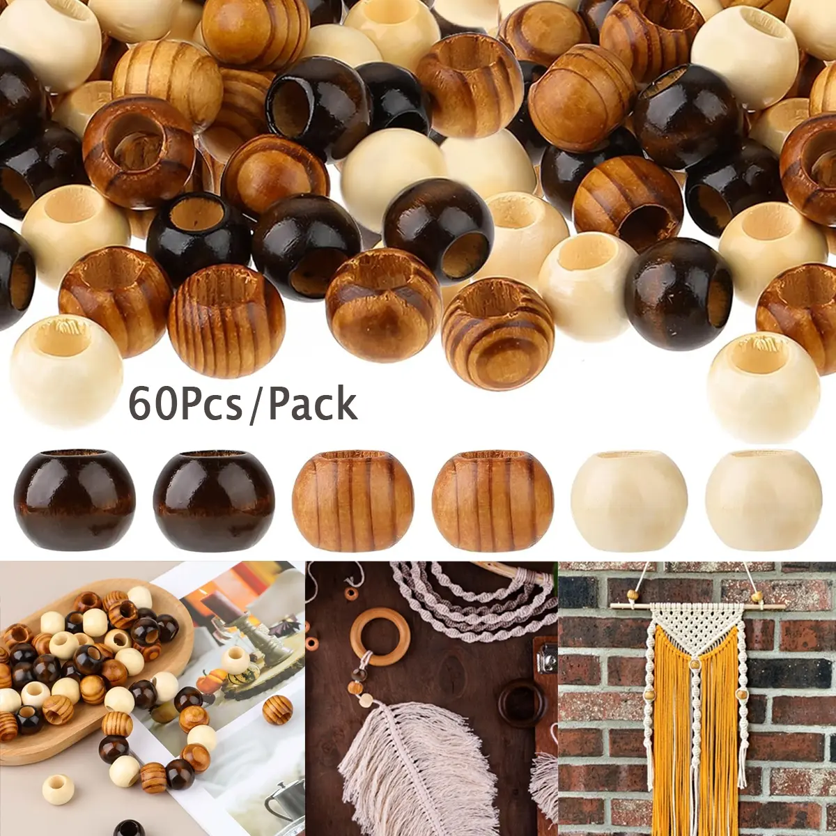 60Pcs Natural Wooden Spacer Beads 20mm Wooden Macrame Beads Large Hole Wood Beads Round Loose Beads Bead Mix Beads Set Plain Beads Decor Crafts for Jewelry Making Hair DIY