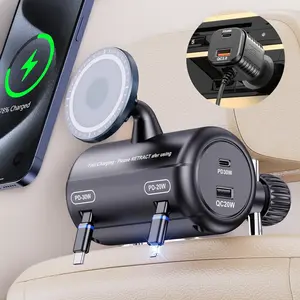 OHLPRO Backseat Retractable Car Charger Station,5-in-1 Headrest Charging Box 100W Max with Magsafe Car Mount Holder, 2-Port PD/QC Cigarette Lighter Adapter Ideal for All Phone/Taxi/Uber/Lyft/Driver,Rideshare Retro Denim iPhone Card Case wireless Qi2`11