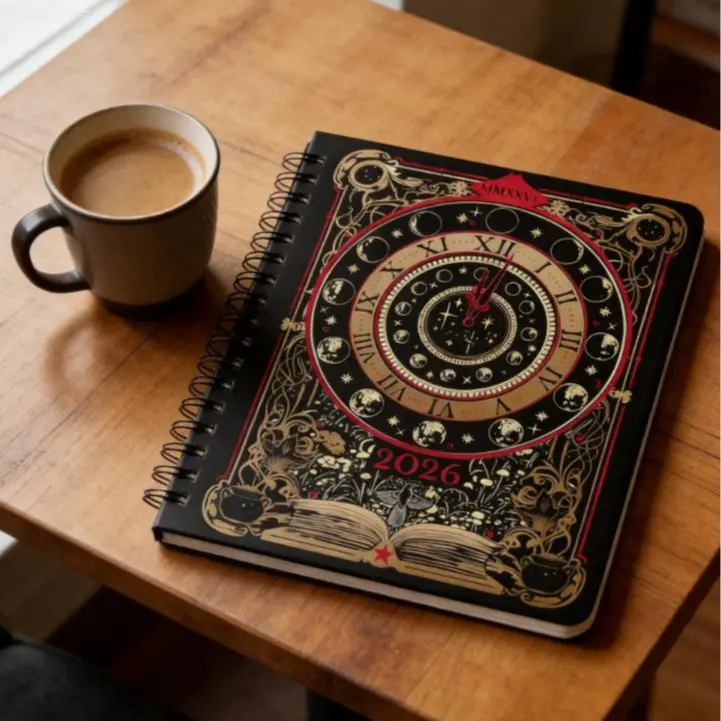 Waiting for the Night Gothic Witchy Tarot 2026 Weekly Planner, 7"x9" Premium Hardcover with Smooth Black Spiral Binding, Dated Journal with Themed Stickers & Bookmarks, Secure Elastic Closure, Sturdy Back Pocket, Portable School Supply