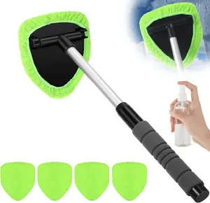 Saker Windshield Cleaner Tool Kit, Telescopic Car Window Cleaner with 4 Reusable Microfiber Pads & 100ml Bottle for Inside/Outside Glass Cleaning (Green)