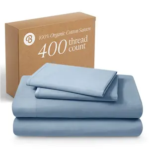 4 Piece 400 Thread Count Organic Cotton Sateen Bed Sheet Set by Bare Home - Queen, Dusty Blue
