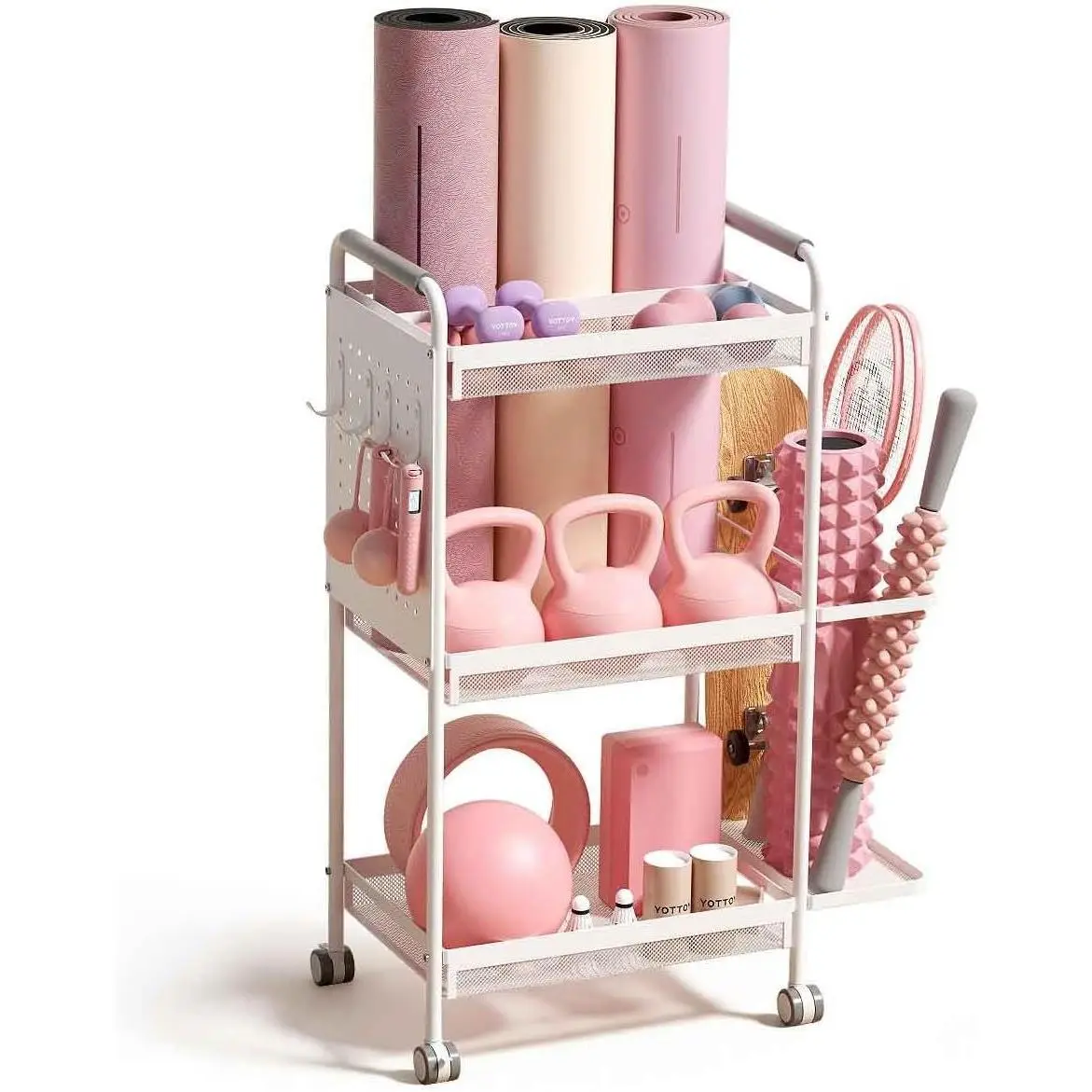 3-Tier Gym Storage Rack for  Gym-Multi-Functional Weight Rack, Dumbbell Rack, Yoga Mat Holder with Side Basket & 6 Hooks, Gym Equipment Organizer