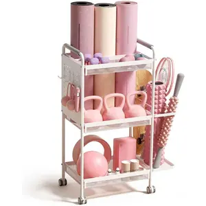 3-Tier Gym Storage Rack for  Gym-Multi-Functional Weight Rack, Dumbbell Rack, Yoga Mat Holder with Side Basket & 6 Hooks, Gym Equipment Organizer