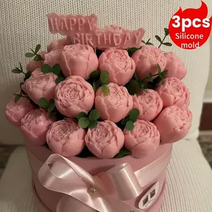 3-piece set, 3D flower silicone mold set - Realistic peony, flower bud and bouquet molds, suitable for DIY candles, resin and clay handicrafts | Handmade wax, soap, resin casting mold set
