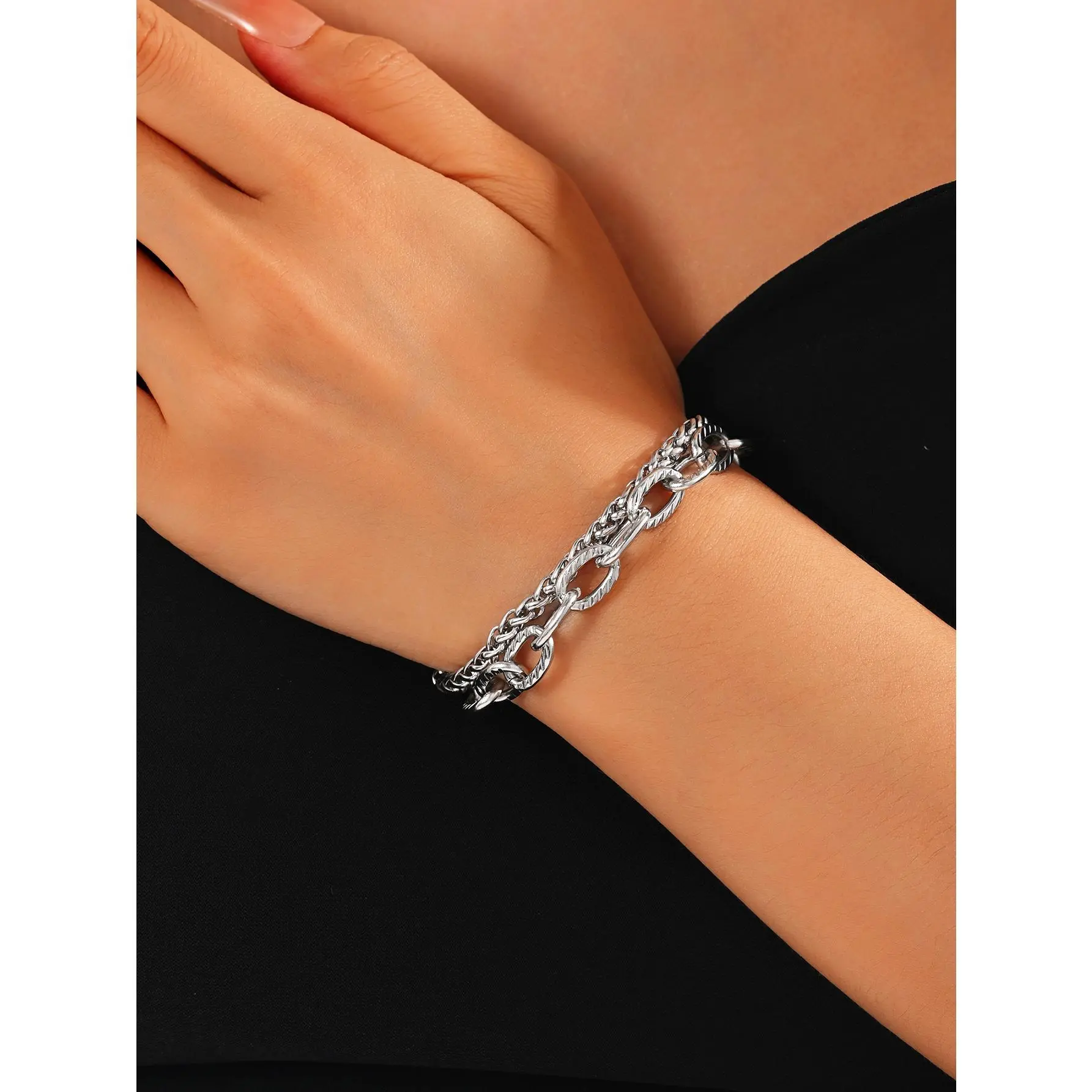 Silver-Tone Geometric Double-Layered Cuff, Fashionable Chunky Bangle for Unisex Everyday Wear and Alternative Style, Fashionable Chunky Bangles, Geometric Shape