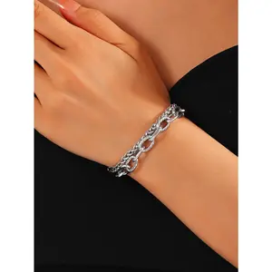 Vintage Silvery Double-Layer Fashionable Chunky Bangle Bracelet - Edgy Unisex European-American Street Style Jewelry with Geometric Design for Daily Wear, Fashionable Chunky Bangles