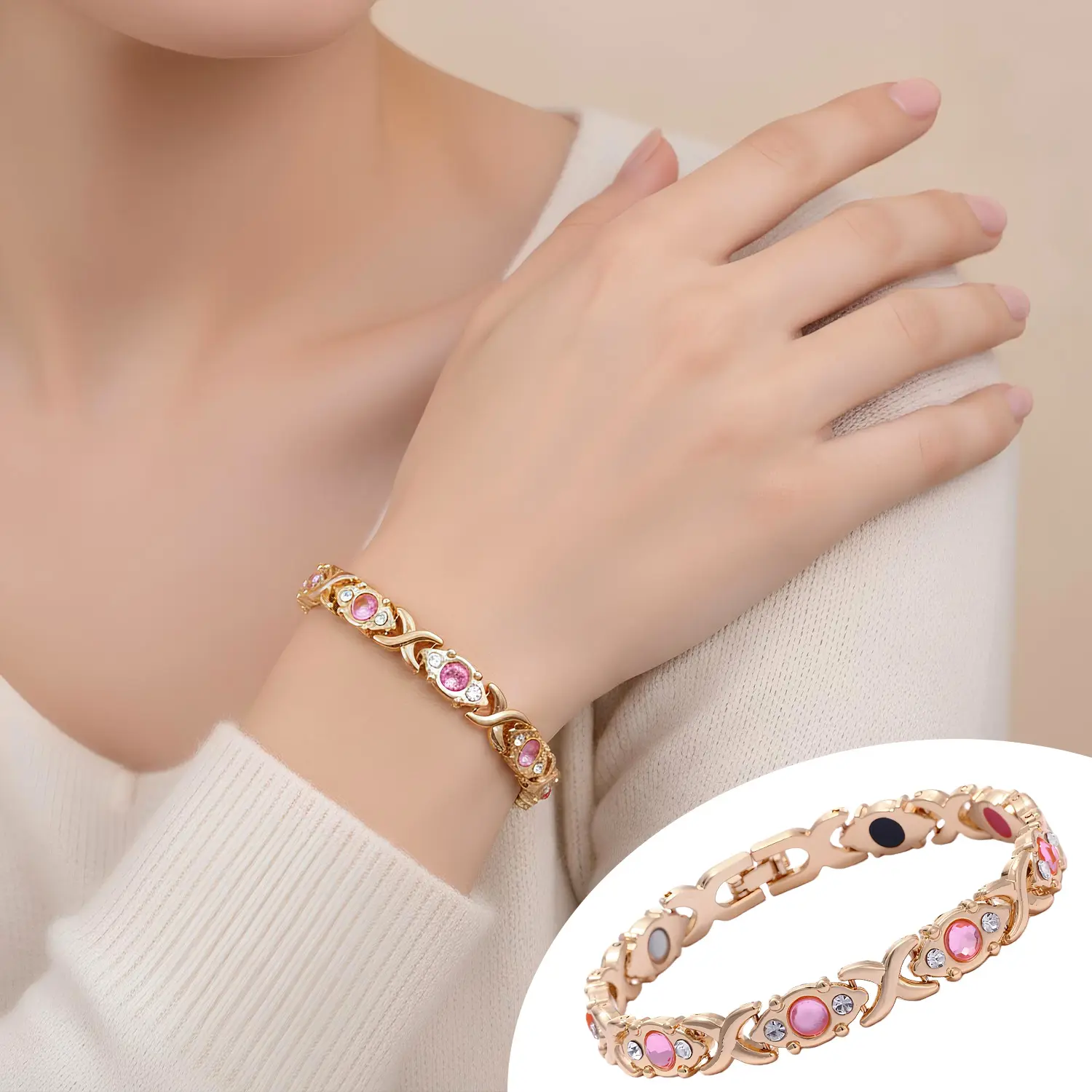 Energy Magnetic Bracelet for Women | Crystal Design & Colorful Stones | Gold Tone