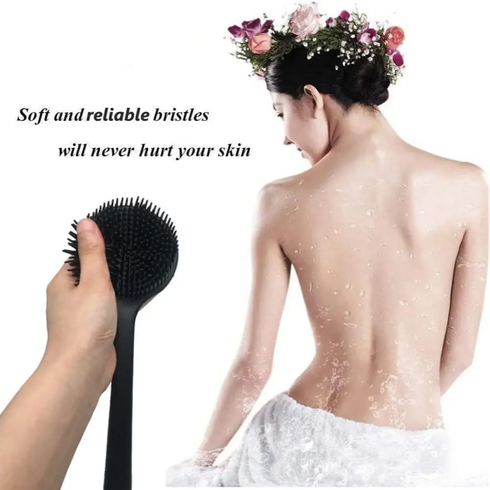 Cinlitek Silicone Body Scrubber with Long Handle for Exfoliating & Cellulite Massage - 15 Inch Ergonomic Design Soft Bristles for Gentle Scrubbing & Deep Cleansing