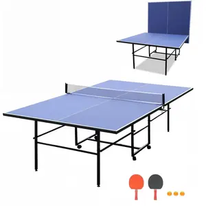 Portable Table Tennis Tables, 9ft Foldable Ping Pong Game Set for Indoor/Outdoor Use, Weatherproof Folding Portable Design with Wheels, Net 2 Paddles 3 Balls Included, 10-Min Assembly, Playback Mode