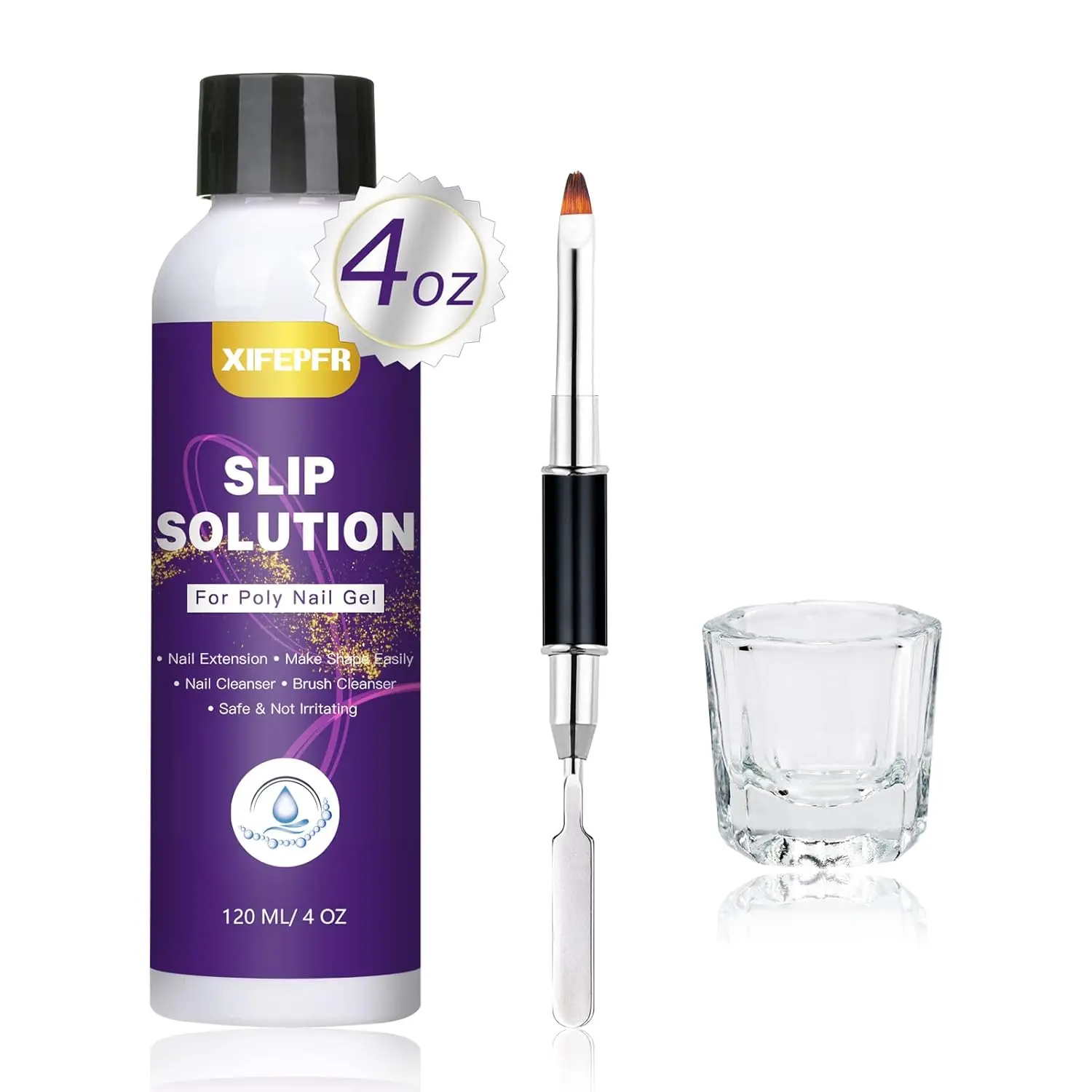 Poly Gel Slip Solution, 1 Set Slip Solution for Polygel Nails, Builder Extension Gel, Anti-stick Poly Extension Gel Liquid Slip Solution Set with Dual-ended Brush & Glass Cup, for Manicure Nail Art, Nail Tech Supplies