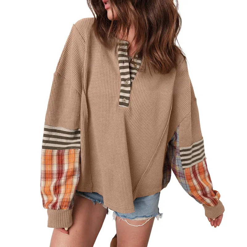 Asvivid Women's Fall Outfits Long Sleeve Plaid Stripe Shirts Top Waffle Patchwork Henley Knit Pullover Blouse Casual Tops