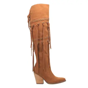 Dingo Womens Witchy Woman Fringe Studded Pointed Toe Pull On  Casual Boots Over the Knee High Heel 3" & Up - Brown