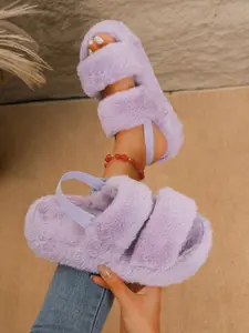 Fashionable Plush Slippers with Thick Sole, Elastic Back Strap, Warm Lining, Striped Open-Toe Design, Non-Slip Rubber Bottom, Slippers Indoor