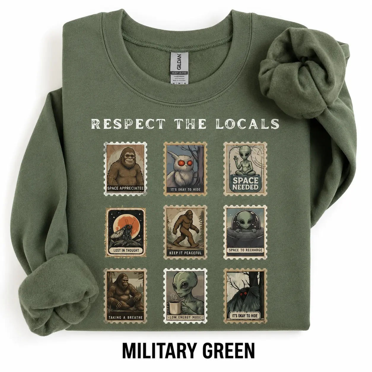 Respect The Locals Cryptid Sweatshirt, Cute Mothman Hiking Sweatshirt, Funny Bigfoot Gift for Introverts, Vintage Camping Alien Sweatshirt
