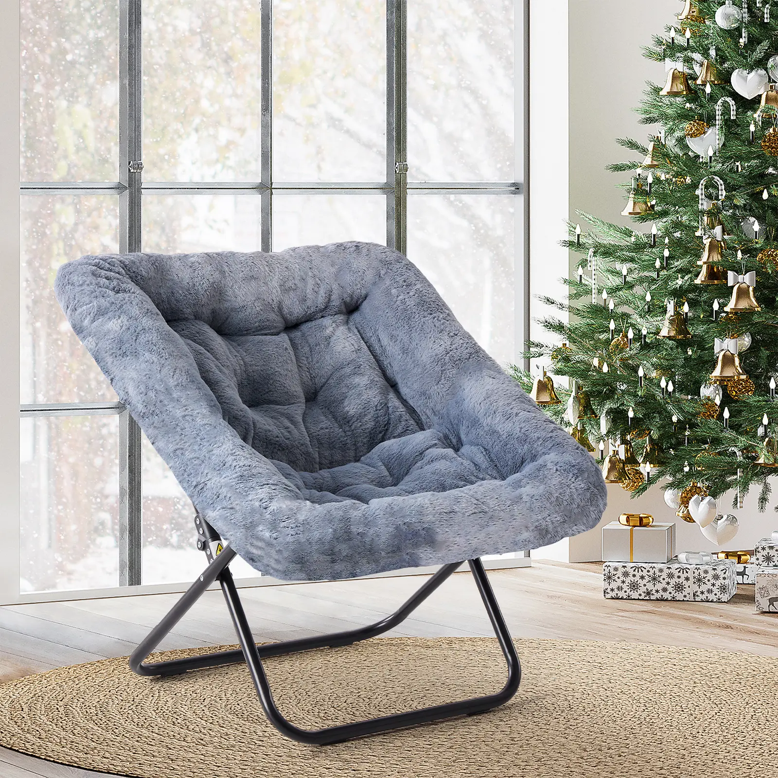 Oversized Square Moon Chair for Adults, Soft Faux Fur Folding Lounge Chair with Sturdy Steel Frame, Comfortable Reading Gaming Chair for Living Room, Bedroom
