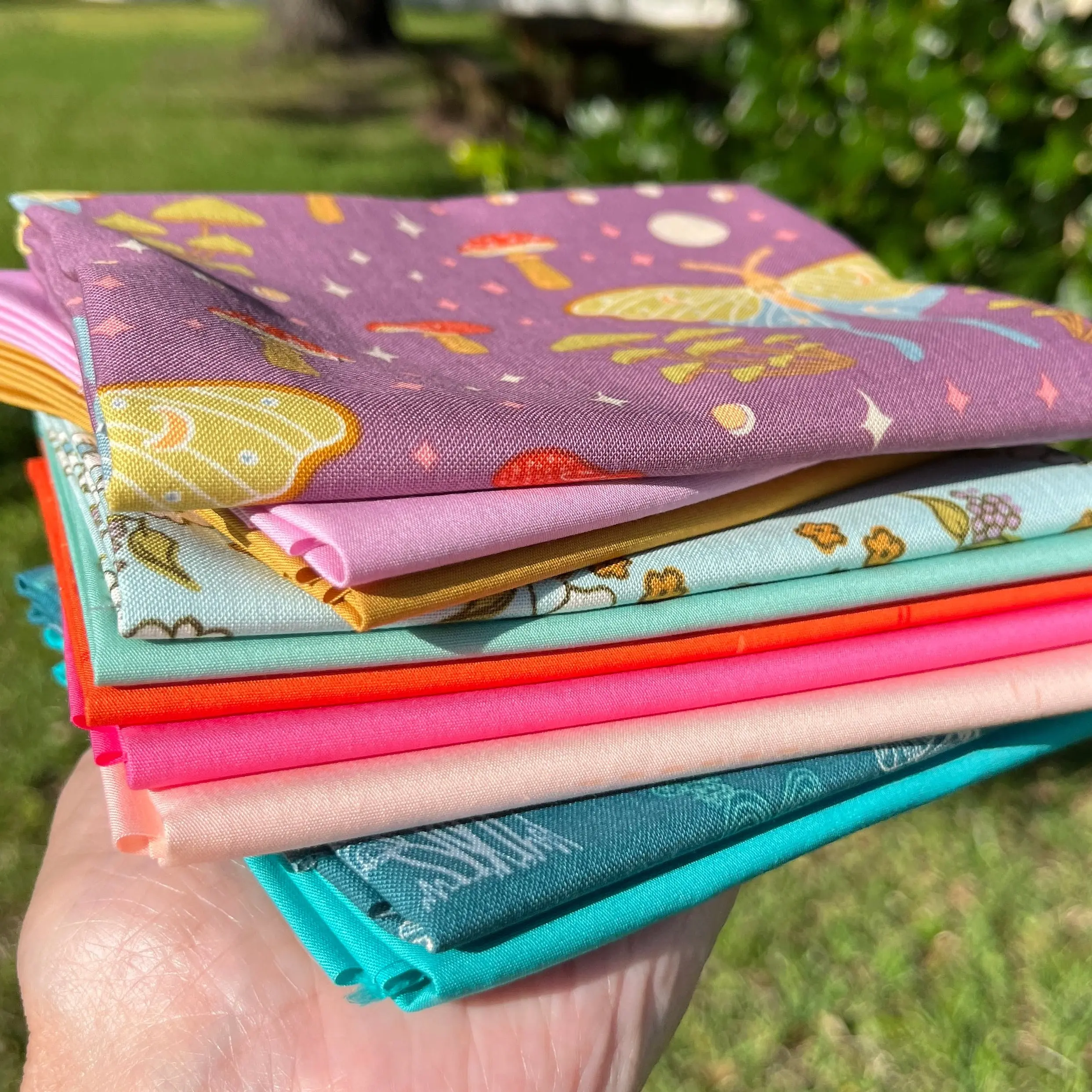Quilting Cotton Curated Fat Quarter Bundle - Color Chorus No.2 Moonlit Meadow, 10 Multiple Pieces, Pre-Selected Colors, Whimsical Look, Nature Motifs for Craft Projects