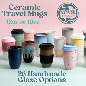 Nova Ceramics Travel Mugs - 12oz & 16oz - 26 Nature-Inspired Handmade Designs - Microwave & Dishwasher Safe, Perfect for On-the-Go Coffee Lovers