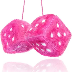 Pink Fuzzy Dice for Car Rear View Mirror, Pair of 2.36" Plush Dice Retro Hanging Ornaments Car Interior Rearview Mirror Decor Accessories (Pink)