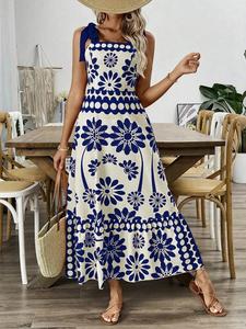 women's floral print tie shoulder dress, boho sleeveless dress for beach holiday vacation, ladies summer clothes, womenswear, casual wear