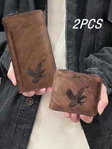 HOVI'S Men's 2-Piece Vintage Distressed Clutch Wallet Set - Long Wrist Strap Handbag with Eagle Embossed Design + Compact Short Wallet, Multi-Card Slots & Zipper Closure, Business Daily Commute Portable Wallet, Ideal Gift for Him
