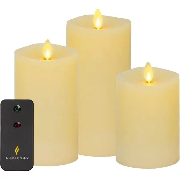 Luminara Realistic Flameless LED Set of 3 Ivory Pillar Candles, Home Safe Moving Flame Melted Top Illumination, Battery Operated Remote Control w/Timer