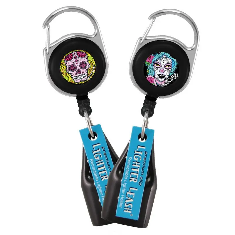 Fashionable Retractable Badge Holder with Customizable Sugar Skull Design, Black Vinyl Lighter Holder, 1.25” Diameter, 32-Inch Nylon Cord, Carabiner Belt Clip, Stickers & Lighter Leash® for Office Identification Badges & Supplies, Trending, Designer Fashi