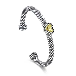 Aprilery Gold-Heart Framed Bangle – Romantic Mixed Metal Open Cuff Bracelet for Women Jewelry Design