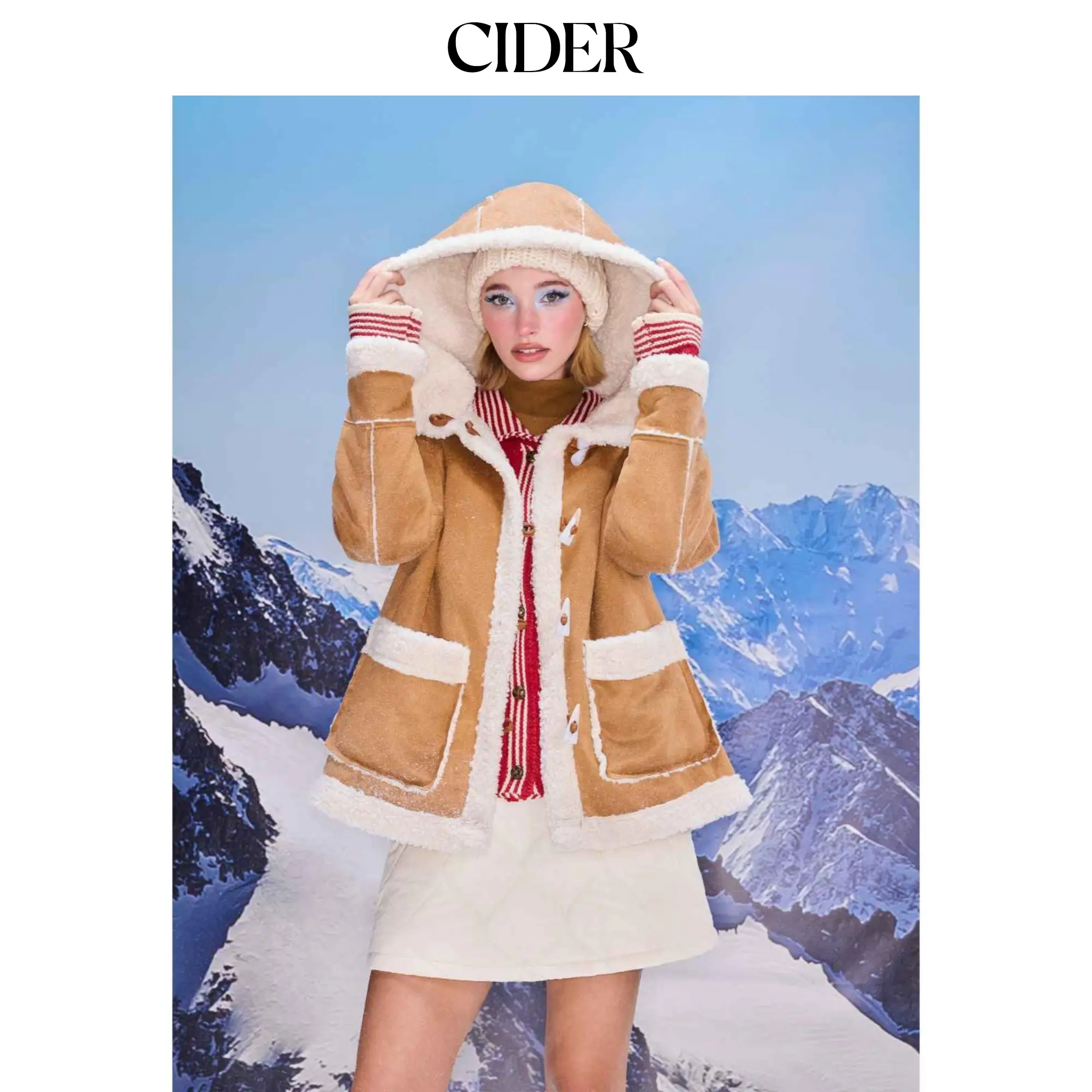 Cider Women's Basic Solid Faux Shearling Lined Duffle Coat with Hood, Toggle Closures and Front Pockets, Coats, Plain, Oversize, Loose-Fitting, Casual Basic