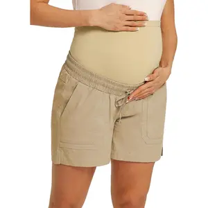 Maacie Maternity Cotton Shorts Casual Drawstring High Waist Shorts with Pockets