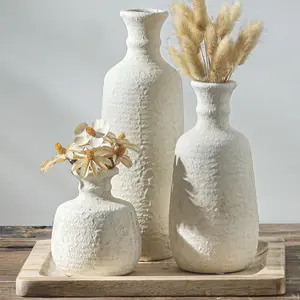 Ceramic Vase Set of 3, Neutral Rustic Vases  Decor Farmhouse Decorative Vase Whitewashed Pottery Decor Boho Modern for Table Mantel Entryway Bookshelf Living Room Kitchen Bathroom Bedroom - White