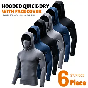 6 Pack Men’s Thin Sun Protection Long Sleeve Hooded Sport Shirts With Built-in Face Mask UV Block Tops For Fishing Construction Outdoor Yard Work