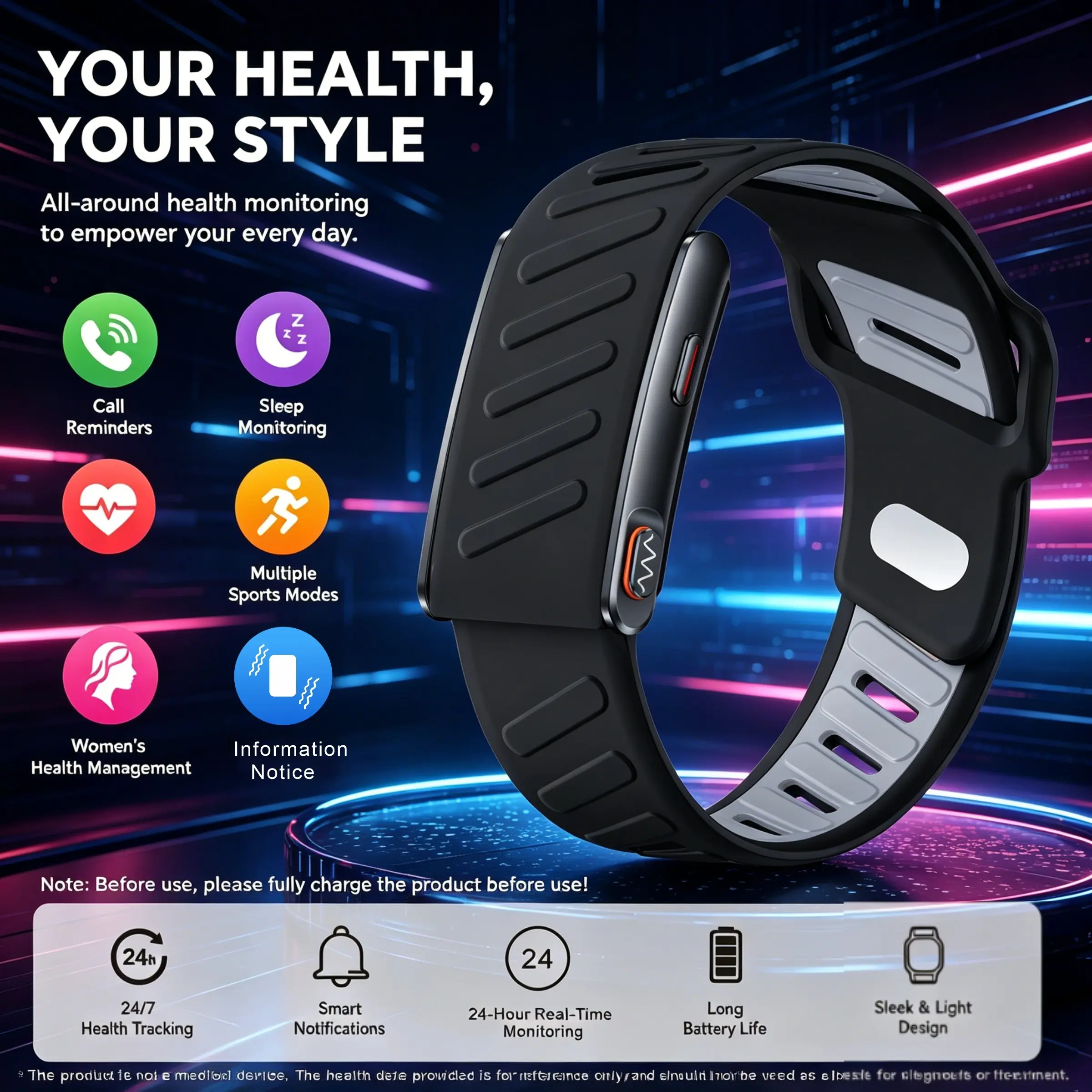 Black smart wristband, wearable activity and fitness tracker, 24-hour sleep tracker, all day continuous sleep, breathing, temperature and activity tracking, smart wristband with over 100 exercise modes, vibration information notification, ideal gift