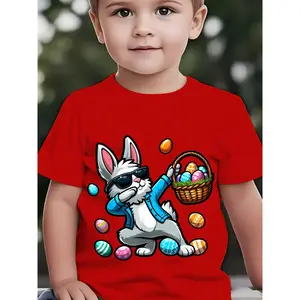 Boys' Cotton Crew Neck Short-Sleeve T-Shirt - Cartoon Easter Bunny with Colorful Egg Basket, Fitted Cut Breathable Fabric All-Season Summer Outdoor Casual Top NY-DX8534