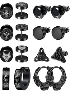 8 Pairs Men's Viking Earrings Stainless Steel Vintage Huggie Hoop Earrings Wolf Black Stud Earrings for Men Nordic Viking Jewellery