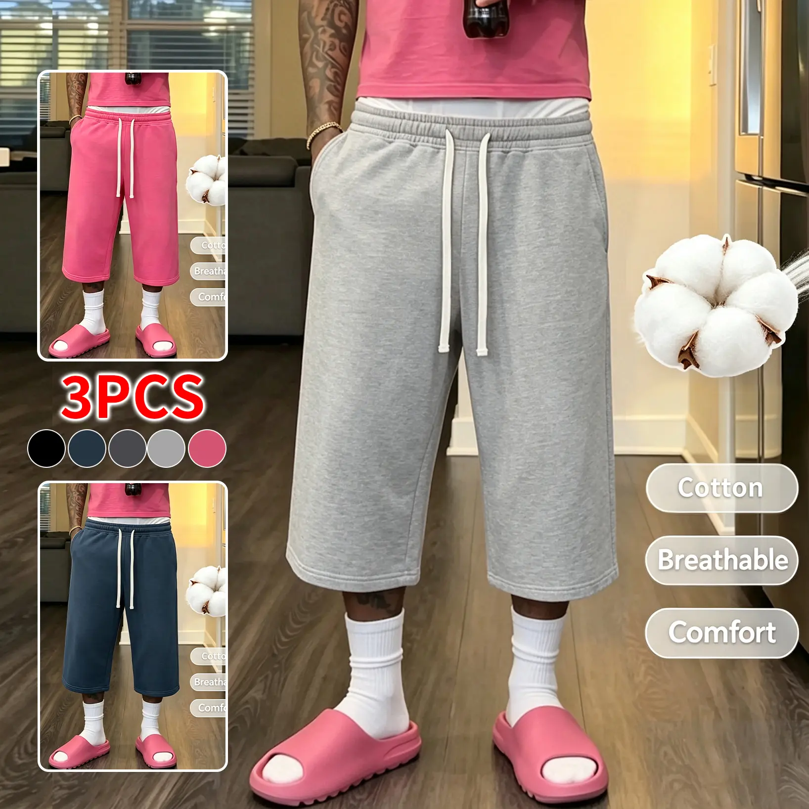 3-pcs Men’s soft cotton knit capri sweatpants (3/4 length), breathable, loose wide-leg fit, drawstring design, casual everyday comfortable athletic long pants, summer shorts Elastic Fabric Menswear Jogger Minimalist men's