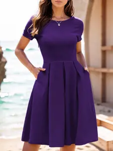 Women's Spring Summer Slim Fit Mid-Length Round Neck Short Sleeve Casual Office Party Elegant Knee-Length Womenswear Dress with Pockets